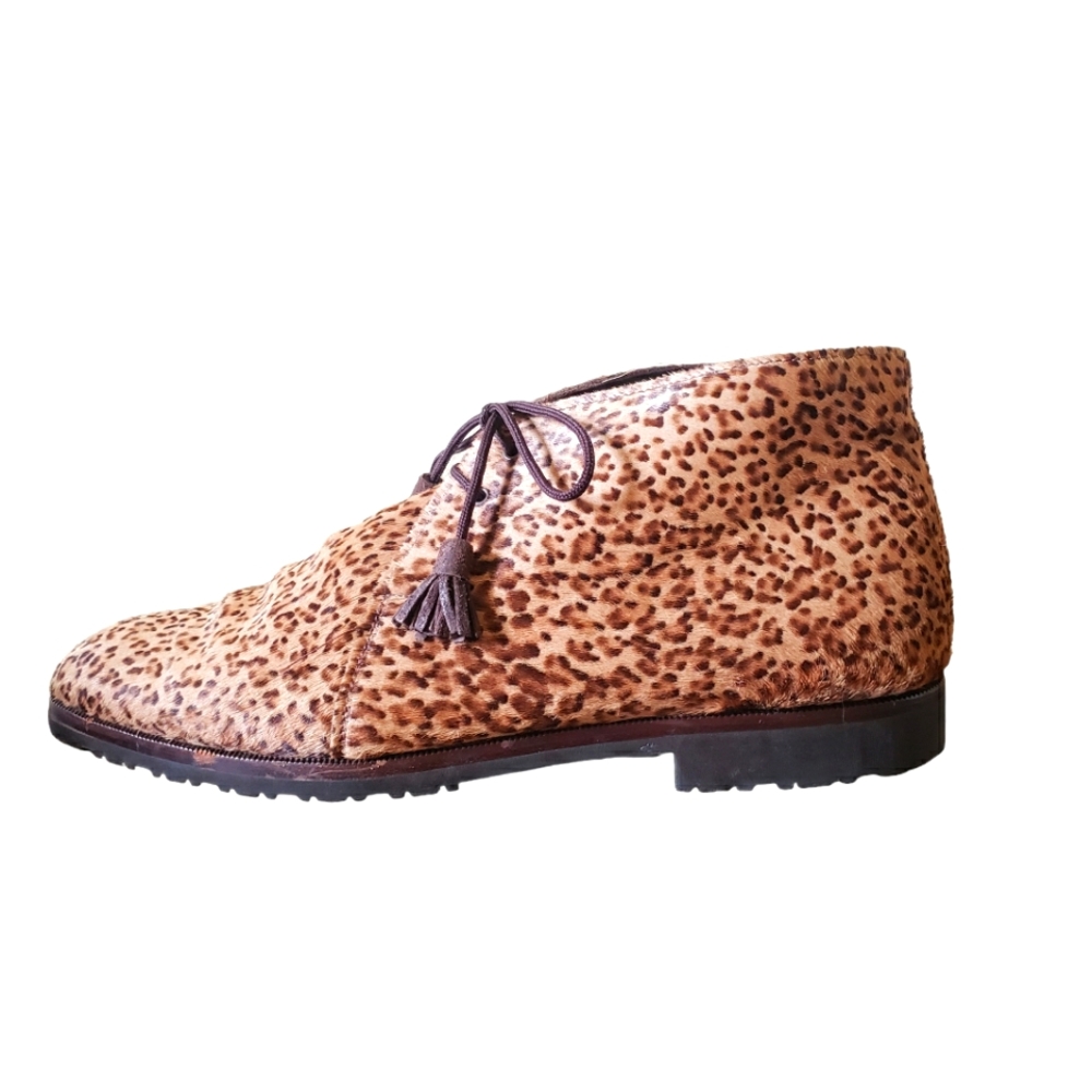 Vintage Bottega Veneta Leopard Print Pony Hair Lace Up Ankle Booties